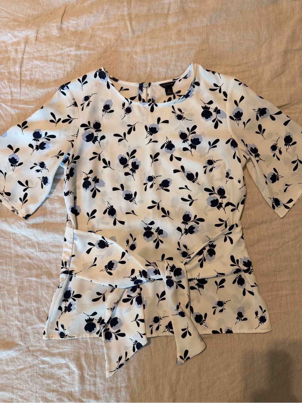 Ann Taylor White Blouse with Navy Floral Tie-Front